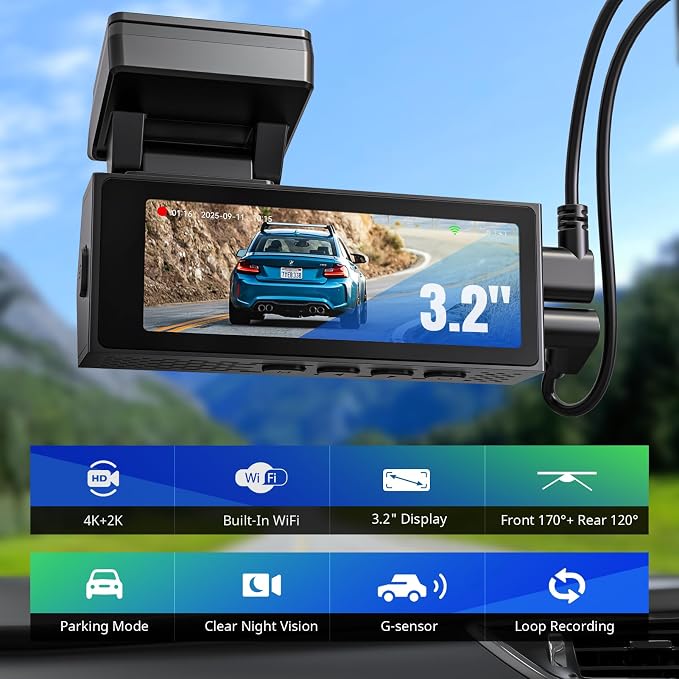 Dash Cams Front and Rear, NQJ 4K+2K Dual Dash Camera for Cars w 64GB Card, 5G Wi-Fi & App, G-Sensor, 3.2” Screen, 24H Parking Mode, 170°Wide Angle, Night Vision