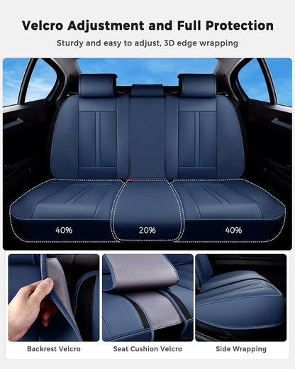 Huidasource Blue Back Seat Cover Luxury Nappa Leather, Rear Seat Cover with Velcro Adjustable, Ventilation Holes, Child Safety Seats, Back Seat Car Cover Universal Fit for Most Cars SUV Trucks, Blue
