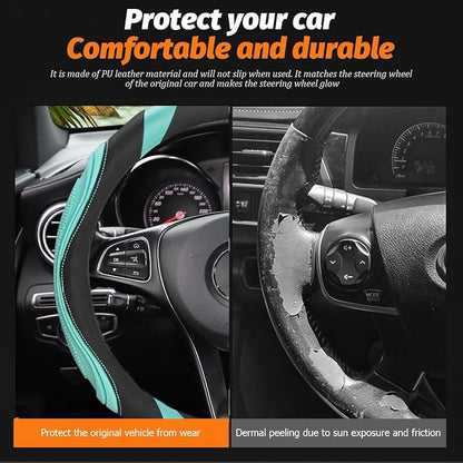 Osilly 15 Inch Car Leather Steering Wheel Cover, Automotive Accessories Elastic Breathable Anti-Slip Soft Wheel Protector Fits Men and Women, Suitable for SUVs, Trucks, Vehicles and RVs (Green)