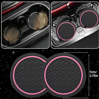 NBTEPEM 6 Pcs Pink Car Accessories Set, Sport Leather Steering Wheel Cover 14.5-15inch Universal, Microfiber Leather Car Center Console Cover, Seat Belt Cushion, Cup Holder Coaster (Black-Pink)