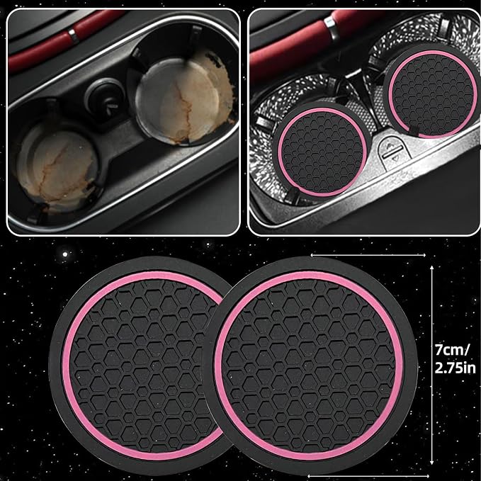 NBTEPEM 10 Pcs Car Floor Mats Full Set & Sport Leather Steering Wheel Cover 14.5-15 inch, Center Console Cover, Seat Belt Cushion, Cup Holder Coaster, Universal Automobile Interior Sets (Pink)