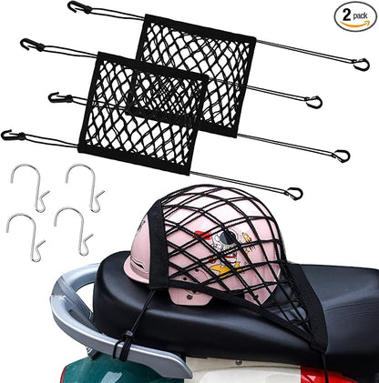 2PCS Motorcycle Bungee Cargo Net 10.3"X15.4" High Elastic Double Layer Thicken Helmet Net Luggage Rack with Adjustable Hooks for Bike Motorcycle Accessories