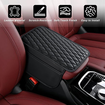 Center Console Cover, PU Leather Car Armrest Cover with Storage Pocket, Ergonomic & Anti-Slip, Universal Car Center Console Organizer for Vehicles, SUV, Truck, Sedan