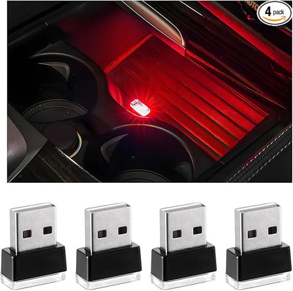 Yourkar 4 PCS USB LED Car Interior Atmosphere Lamp, Plug-in USB Interface Trunk Ambient Lighting Kit, Night Led Decoration Mini USB Light, Universal Interior Car Accessories (Red)