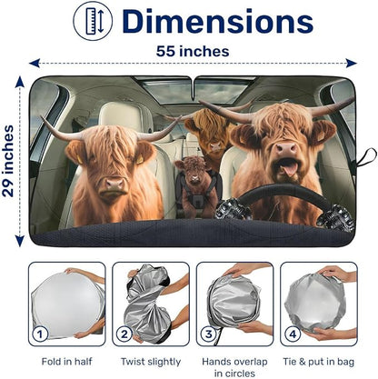 GENANY Highland Cow Family Funny Windshield Sun Shade for Car SUV Truck (55x29 Inches), Automobile Sunshade, Protector Blocks UV, Car Accessories, Auto Decor