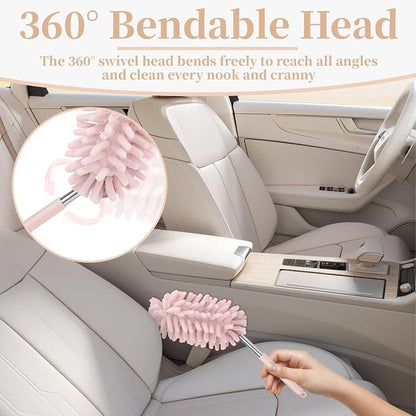 2 PCS Car Interior Duster with Extension Pole, Microfiber Car Duster with Bendable Head, Car Accessories Dusters Exterior&Interior Scratch Free, for Cleaning of Vehicle Details, Offices, Windows(Pink)