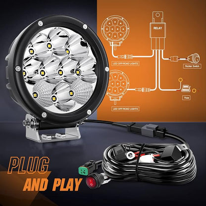 Nilight 5.7 Inch Round 50W LED Driving Light w/ 16AWG DT Connector Wiring Harness 6500LM IP68 Spot Flood Combo Work Lamp for Offroad ATV UTV SUV Motorcycle Truck Tractor Boat (Pack of 4)