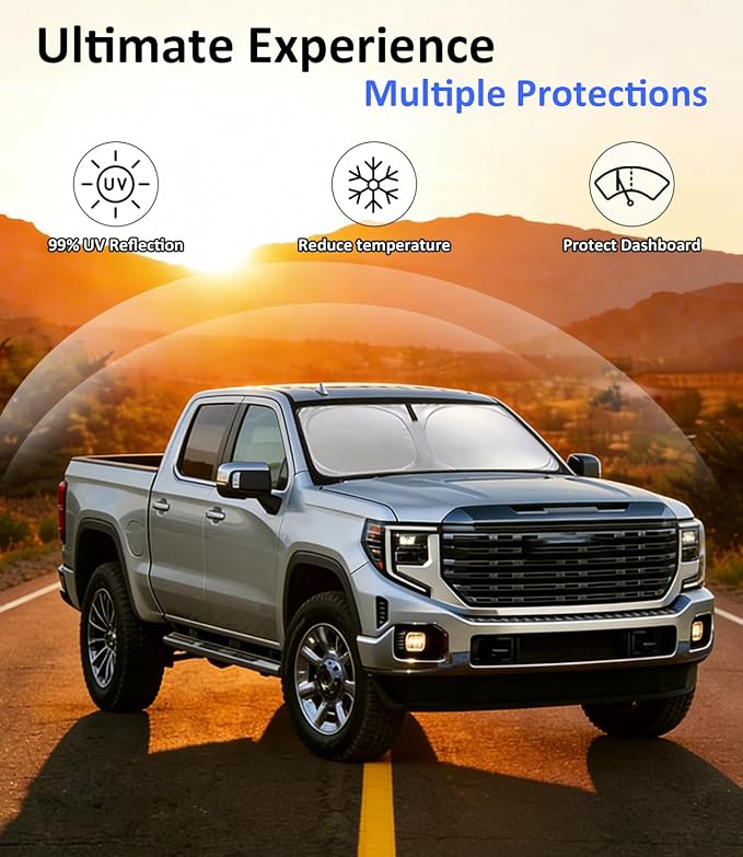 Windshield Sun Shade for 2019-2025 2026 GMC Sierra 1500 2500 3500 Accessories Car Front Window Sun Visor & Heat Shield | 240T Sunshade Protection Blocks UV Rays Keep Your Car Cooler