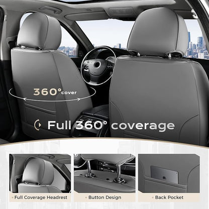 Coverado Car Seat Covers Full Set, Automotive Seat Cover with Lumbar Support, Nappa Leather Seat Cover for Cars, Waterproof Car Seat Protector, Car Seat Cushion Universal Fit for Most Vehicles (Gray)