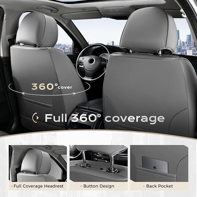 Coverado Car Seat Covers for Front Seat, Leather Seat Cover for Cars, Waterproof Seat Cover with Lumbar Support, Universal Car Seat Protector, Driver Seat Cushion Universal for Most Vehicles (Gray)