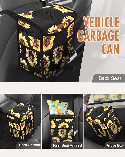 Pritent Car Trash Can with Lid, Cute Leakproof Car Trash Garbage Bag Hanging Vehicle Trash Bin Small Portable Automotive Garbage Cans Organizer for Back/Front Seat(Trapezoid,Black Sunflower
