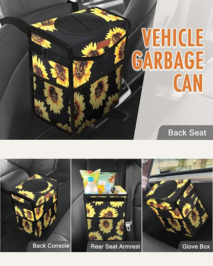 Pritent Car Trash Can with Lid, Cute Leakproof Car Trash Garbage Bag Hanging Vehicle Trash Bin Small Portable Automotive Garbage Cans Organizer for Back/Front Seat(Trapezoid,Black Sunflower