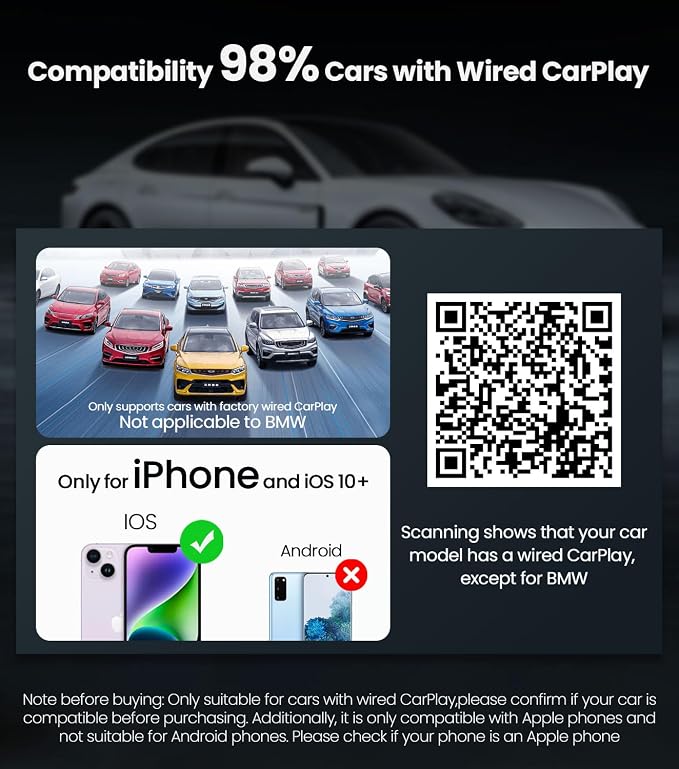 Wireless CarPlay Adapter for iPhone,Convert Wired to Wireless CarPlay Dongle for OEM Wired CarPlay Cars,Apple CarPlay Wireless Adapter Fit for Cars from 2015,Plug & Play Black
