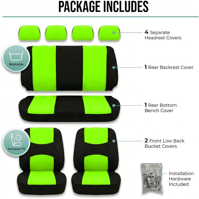 FH Group Bright Flat Cloth Full Set Automotive Seat Covers Front Set and Rear Solid Bench Green Black Seat Covers w. Gift Universal Fit Interior Accessories for Cars Trucks and SUVs