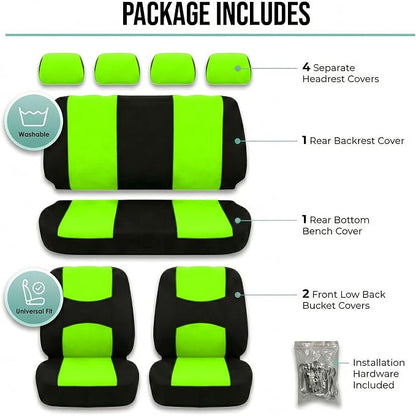 FH Group Bright Flat Cloth Full Set Automotive Seat Covers Front Set and Rear Solid Bench Green Black Seat Covers w. Gift Universal Fit Interior Accessories for Cars Trucks and SUVs
