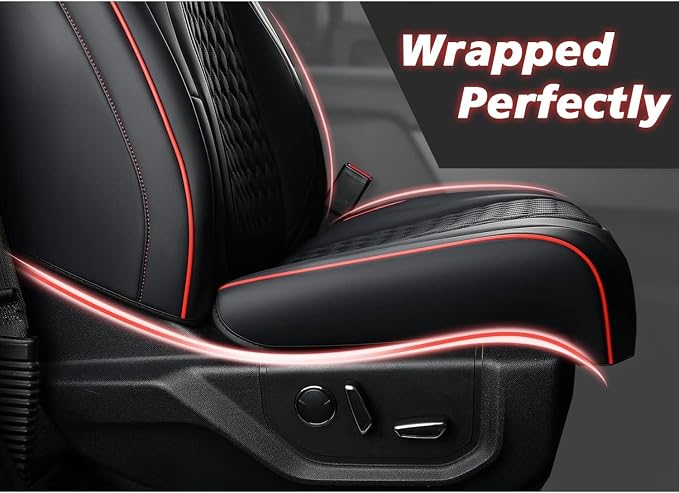 Coverado Front Seat Covers for Ford F150 2015-2026, F250 F350 F450 2017-2026 SuperCrew Crew Cab, Red and Black Leather Car Seat Covers, Full Coverage