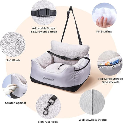 BurgeonNest Dog Car Seat for Small Dogs, Detachable and Washable Cat Carseats Under 25 lbs, Soft Pet Booster Seats with Storage Pockets and Clip-On Leash Portable Car Travel Carrier Bed, Black Grey