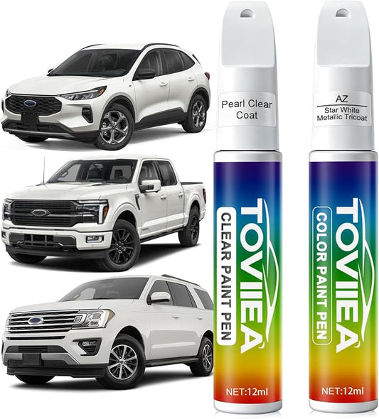Star White Metallic Tricoat(AZ) Touch Up Paint Compatible with Ford,2-In-1 Car Scratch Remover Pen,Car Paint Scratch Repair Kit for Scratches,Chips & Nicks,2-PCS SET