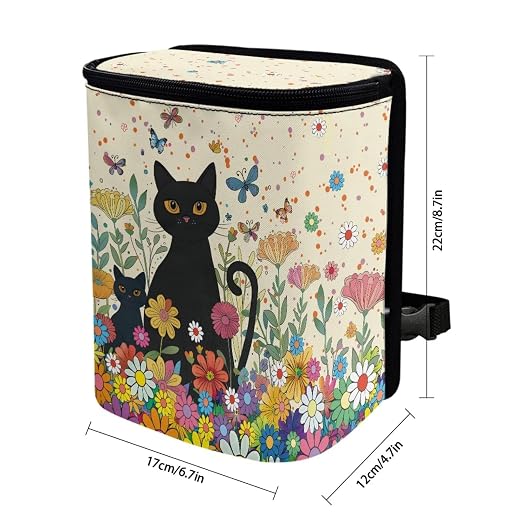 Cat Butterfly Colorful Daisy Pattern Car Trash Can with Lid and Zipper Portable Foldable Trash Bin for Car Interior Accessories Multipurpose Garbage Can Bags Storage Organizer