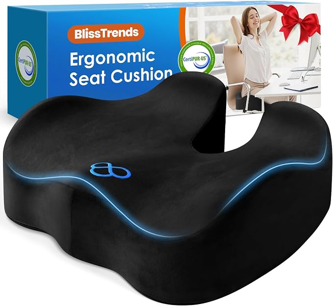 BlissTrends Seat Cushion with Velvet Cover, Thick Memory Foam Cushions for Office Chair, Car Seat, Airplane, Relieving Pressure Tailbone Sciatica Back Pain for Long Sitting, Car Drivers 4.7in Black