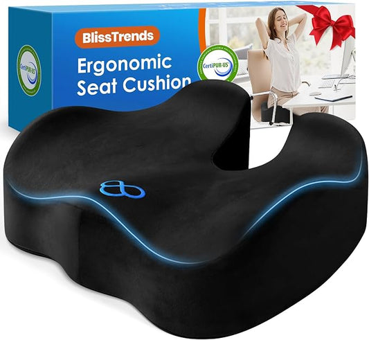 BlissTrends Seat Cushion with Velvet Cover, Thick Memory Foam Cushions for Office Chair, Car Seat, Airplane, Relieving Pressure Tailbone Sciatica Back Pain for Long Sitting, Car Drivers 4.7in Black