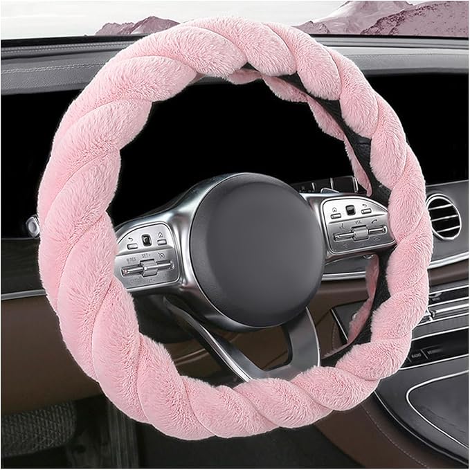 KVAEY Fluffy Car Steering Wheel Cover, 15 Inches Anti-Slip Round Fuzzy Winter Steering Wheel Protector, Soft Warm Plush Steering Wheel Cover for Women Girls, Car Accessories (Pink, D-Shaped)