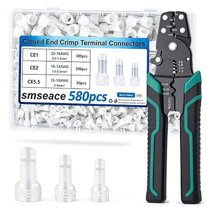 smseace 580 Pcs Closed End Crimp Connector with Crimping Tool - Closed End Crimp Caps Terminal for 22-16 AWG, 16-14 AWG, 12-10 AWG - Ideal for Automotive, Audio, and Electrical Applications