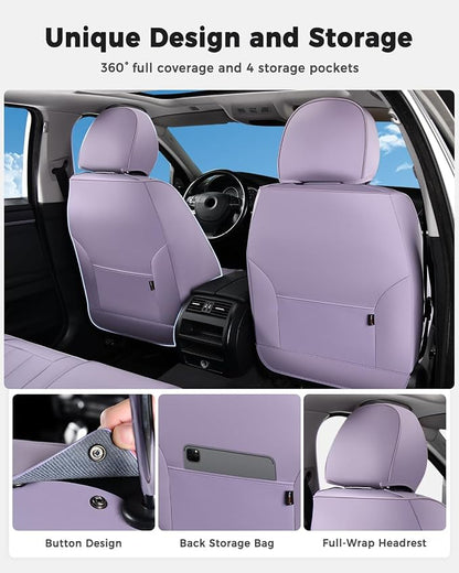 Huidasource Front Seat Covers, Universal Fit for Most Cars SUV Trucks, Full Coverage Leather Seat Cover, Airbag Compatble, Seat Function Retain, Storage Pocket Design, Easy to Install, Purple