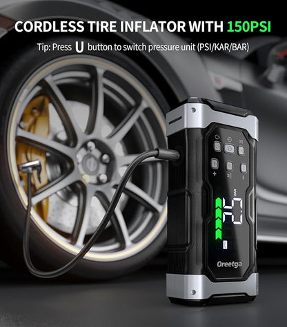 Upgraded 9000A Car Jump Starter with Air Inflator/Deflator Compressor, 9 in 1 Portable Jumper Box Power Pack Charger (All Gas/14L Diesel) Combo Cordless Air Pump for Tire Inflator & Large LCD Screen