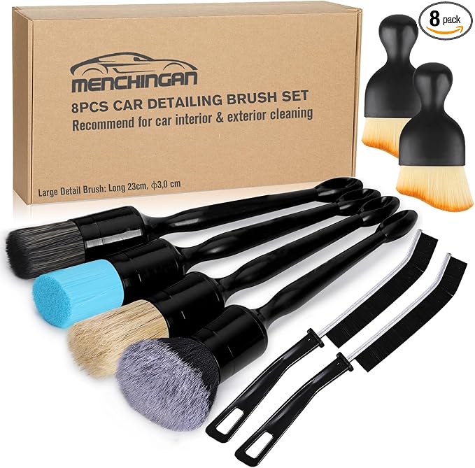 Car Detailing Brushes Set, 8-Piece Auto Detail Cleaning Brush Tool Kit in Soft/Middle/Hard, Crevice Brush, Dust Brush for Car Interior & Exterior, Leather, Air Vents, Emblems, Wheels Wash & Care
