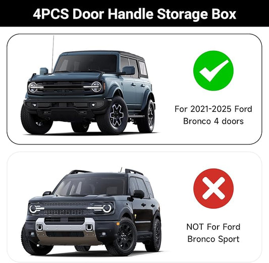 4PCS Door Handle Storage Box for Ford Bronco 2021 2022 2023 2024 2025 Accessories Phone Holder Front and Rear Door Grab Handle Pocket ABS（Not for Sport Model）