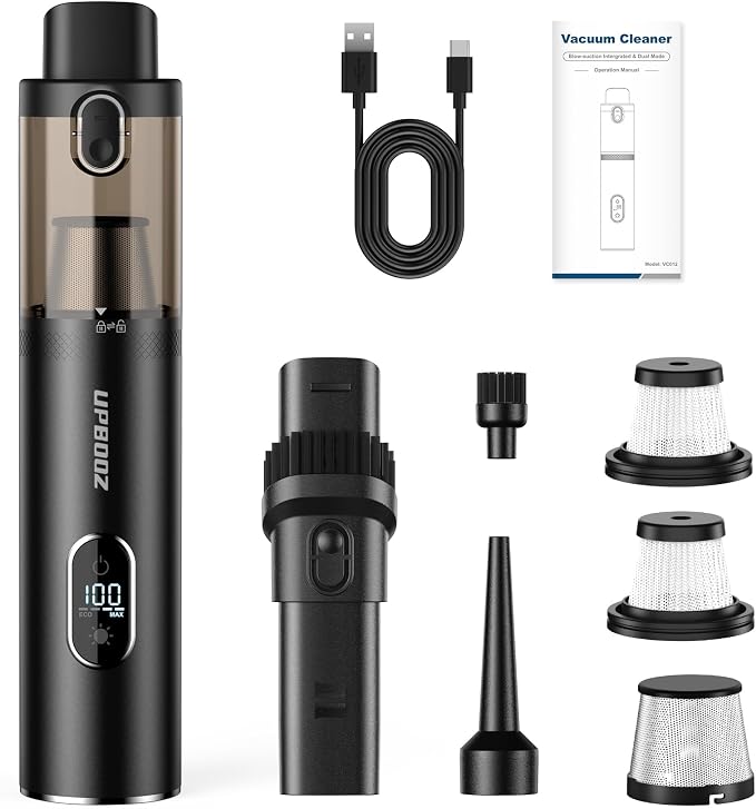 Upbooz Handheld Vacuum Cordless, Car Vacuum with 14000PA Powerful Suction with LED Light, Air Duster 2-in-1,Low Noise Rechargeable Portable Mini Vacuum Cleaner for Car Home Pet Office,Two Gears