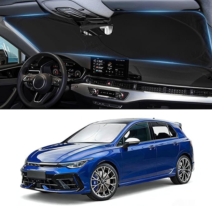 Sun Shade for VW Golf Windshield Sunshade Custom fit for 2022-2025 2026 VW Volkswagen Golf GTI/e-Golf/Golf R 4Door Hatchback Foldable Front Window Cover UV Bloker Sun Visor Protector