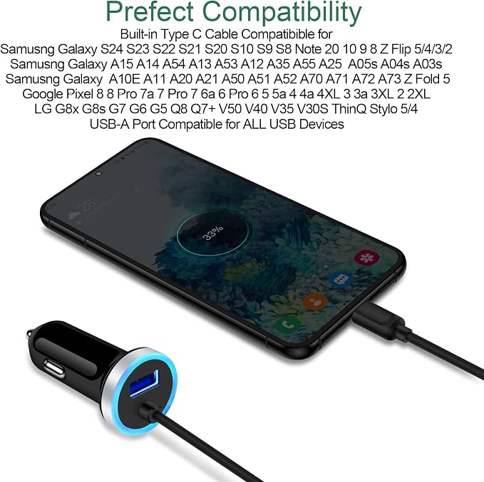 USB C Car Charger, 3.4A Fast Charging Car Charger for Samsung Galaxy S26 S25 Ultra S24 FE S23 S22 S21 S20 S10E S9 S8 Note 20 10 A16 A15 A14 A56 A36 A26 A50 A20 A51 A71 A21 A10E, with 3ft Type C Cable