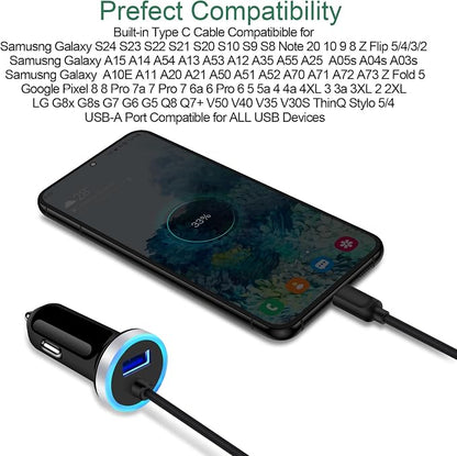 USB C Car Charger, 3.4A Fast Charging Car Charger for Samsung Galaxy S26 S25 Ultra S24 FE S23 S22 S21 S20 S10E S9 S8 Note 20 10 A16 A15 A14 A56 A36 A26 A50 A20 A51 A71 A21 A10E, with 3ft Type C Cable