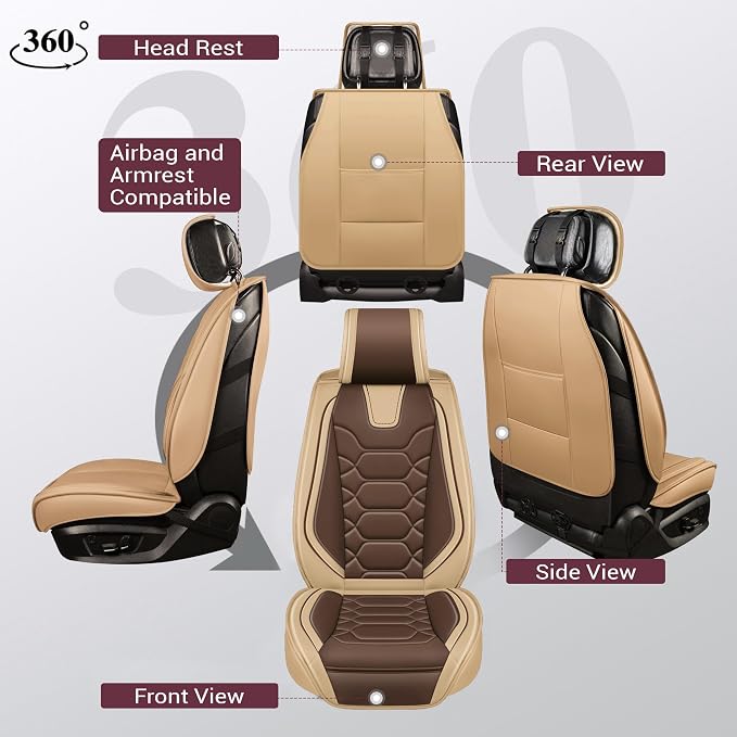 OASIS AUTO Car Seat Covers Full Set, Sporty Faux Leather with Honeycomb Pattern, Waterproof Universal Fit for SUV, Sedan, Pick-up Truck, Automotive Interior Accessories (OS-004 Coffee)