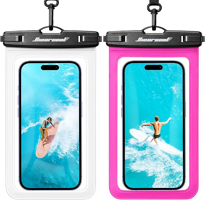 Hiearcool Universal Waterproof Phone Pouch,IPX8 Cell Phone Waterproof Case Up to 8.3" for iPhone 17 16 15 14 13 Pro Max,Beach Essentials Vacation Must Haves-Clear&Bright Red-2Pack