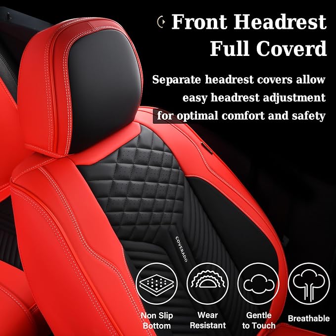Coverado Front Seat Covers, 2 Pack Waterproof Seat Covers for Cars, Luxury Leather Seat Cushions, Front and Rear Seat Protectors, Auto Seat Covers Fit for Most Vehicles(Black&Red)