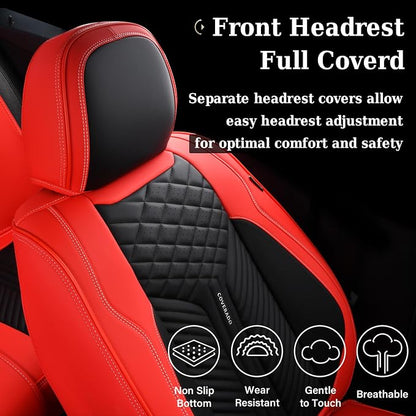 Coverado Car Seat Covers Full Set, 5 Seats Leather Seat Covers for Cars, Waterproof Front and Rear Car Seat Cushions Protectors Universal Fit Most Vehicles (Black&Red)