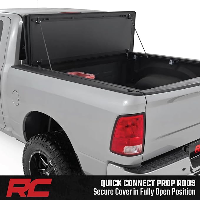 Rough Country Hard Flip Up Truck Bed Tonneau Cover for Dodge Ram 1500 (2009-2018) & 2500 (2010-2025) - Aluminum Tri-Fold Bed Cover, Fits 6'4 (76.3") Bed
