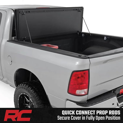 Rough Country Hard Flip Up Truck Bed Tonneau Cover for Dodge Ram 1500 (2009-2018) & 2500 (2010-2025) - Aluminum Tri-Fold Bed Cover, Fits 6'4 (76.3") Bed