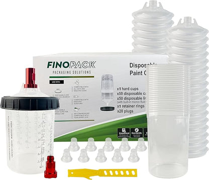 ENDOZER Disposable Paint Cup 50 Pack 27 Ounce(800ML) Mixing Cups for Automotive Spray Gun with 50 Liners and Lids System, 1 Hard Cup with Retainer Ring, 20 Plugs, 2 Adapters for Paint Gun