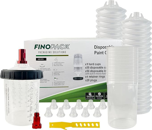 ENDOZER Disposable Paint Cup 50 Pack 27 Ounce(800ML) Mixing Cups for Automotive Spray Gun with 50 Liners and Lids System, 1 Hard Cup with Retainer Ring, 20 Plugs, 2 Adapters for Paint Gun