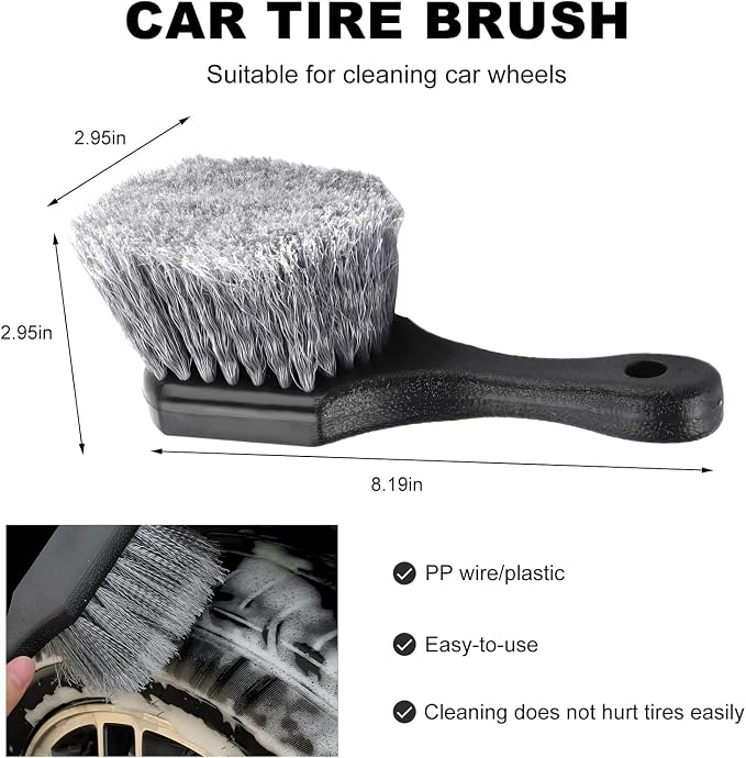 Wheel & Tire Brush for Car Rim, Soft Bristle Cleaning Brush Releases Dirt Road Grime with Short Handle, Easy Scrubbing Detailing Wheel Cleaner for Truck SUV RV Motorcycle