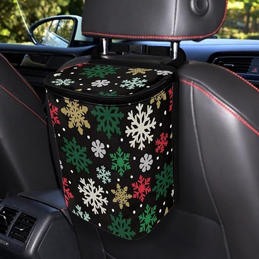 Colored Snowflake Pattern Car Trash Can Leakproof Garbage Bag with Lid and Zipper 1.2Gal Trash Bin Hanging for Back Seat Christmas Car Accessories Universal Fit