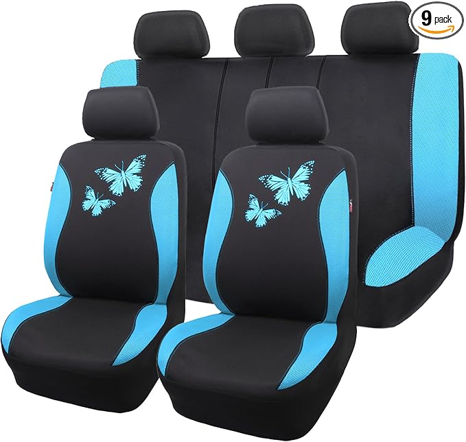 Flying Banner Butterfly car seat Covers ful Set Fashion Universal Lady Woman Female Rear Bench Split Colorized (Full Set, Mint Blue)