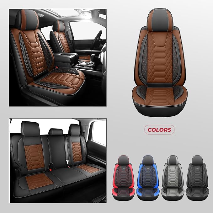FREESOO Tundra Seat Covers 2014-2021 Full Set, Fit for Toyota Tundra Crewmax Cab, Custom Truck Seat Covers with Waterproof Faux Leather BlackBrown
