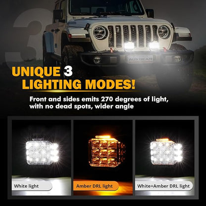 Auxbeam 5" 168W Round LED Offroad Light Pod with Amber DRL, V-MAX Series 16440LM Side Shooter LED Offroad with 270° Beam & Amber Covers, Auxiliary Driving Light for Truck ATV Jeep Ford