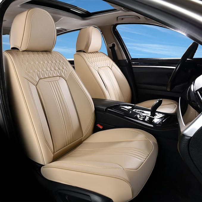 Coverado Seat Covers Full Set, Leather Car Seat Cover, Waterproof Car Seat Protector, Automotive Seat Covers Car Seat Cushion Universal Fit for Most Cars, Beige