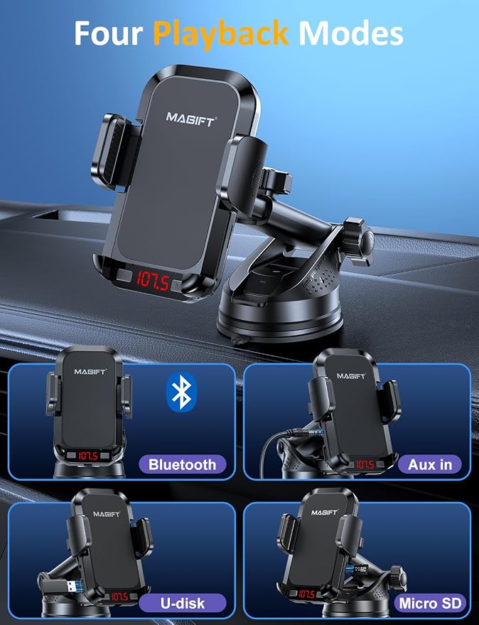 Bluetooth Car Adapter | with Phone Holder, PD 48W Fast Charging, Strong Microphone, HiFi Bass Sound, Hands-Free Call, Support USB/TF Drive